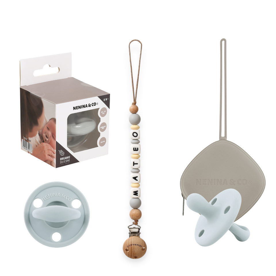 Kit Deluxe Chupete Clásico de Silicona + Chupetero Personalizado, Guardachupetes y Biberón Maternal | Nenina & Co