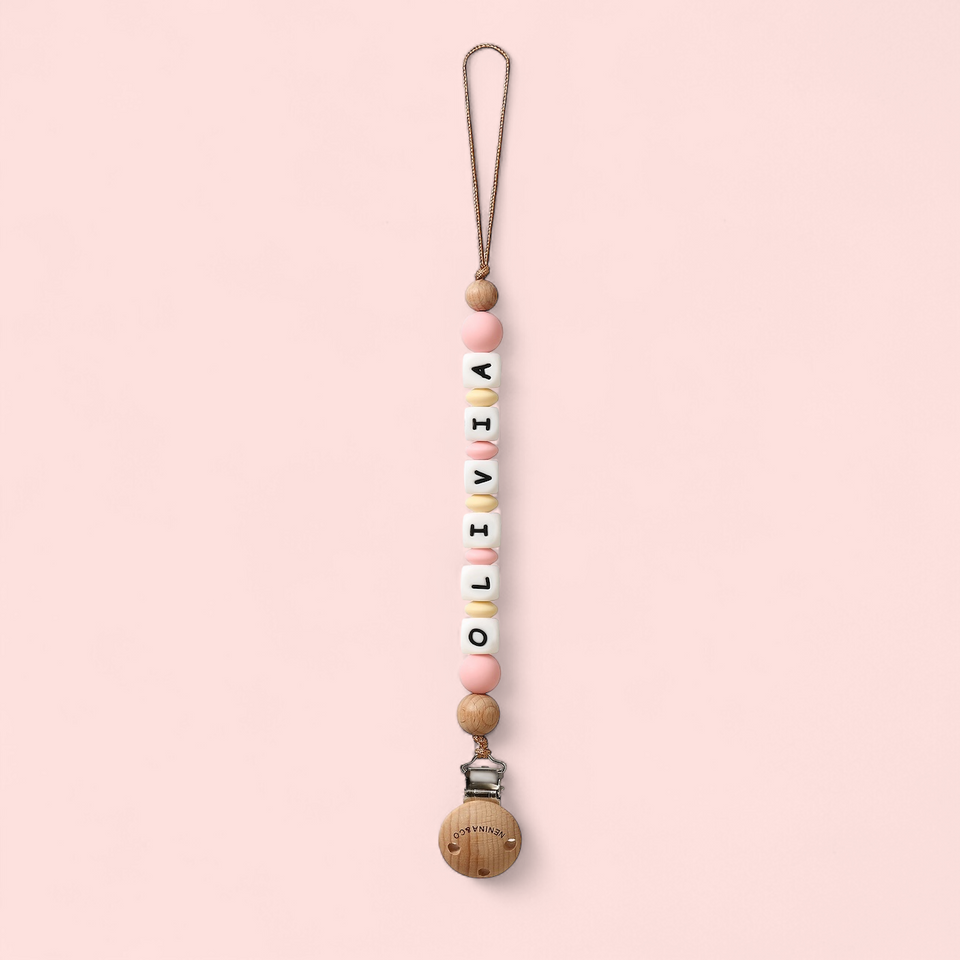 Chupetero Personalizado Rosa pálido con Nombre en Silicona Orgánica | Nenina & Co.