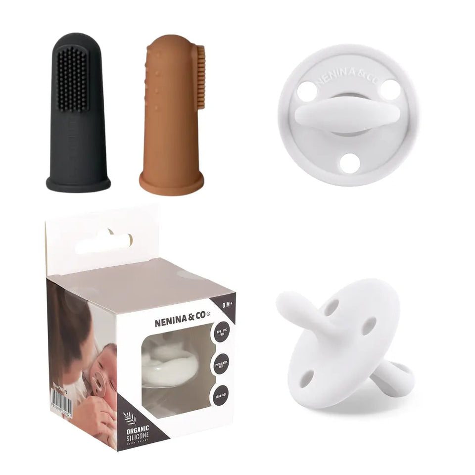 Kit 1 Chupete DIAMOND Beige + 2 Cepillos Dedal de Silicona Nenina & Co