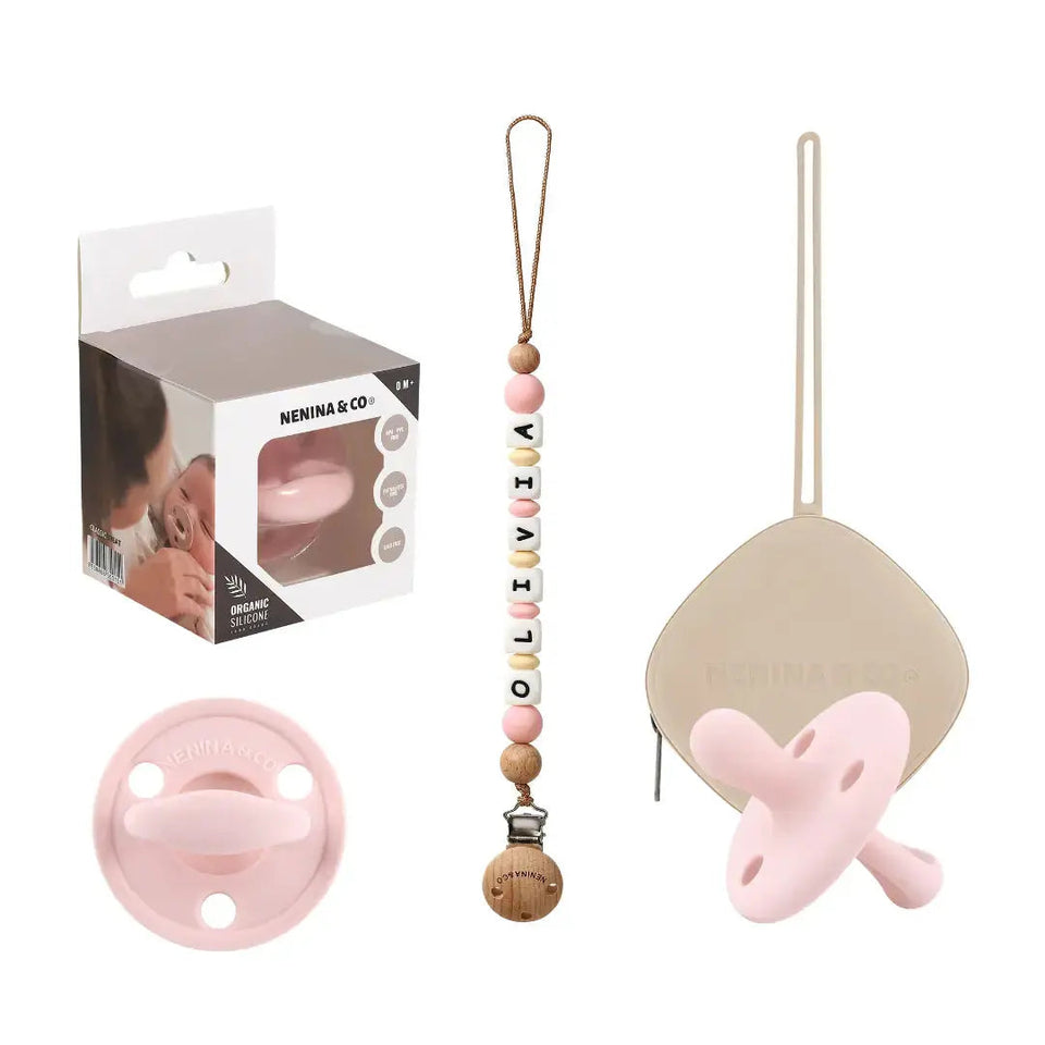 Kit Chupete Clásico Rosa pálido de Silicona + Chupetero con Nombre y Guardachupetes | Nenina & Co.