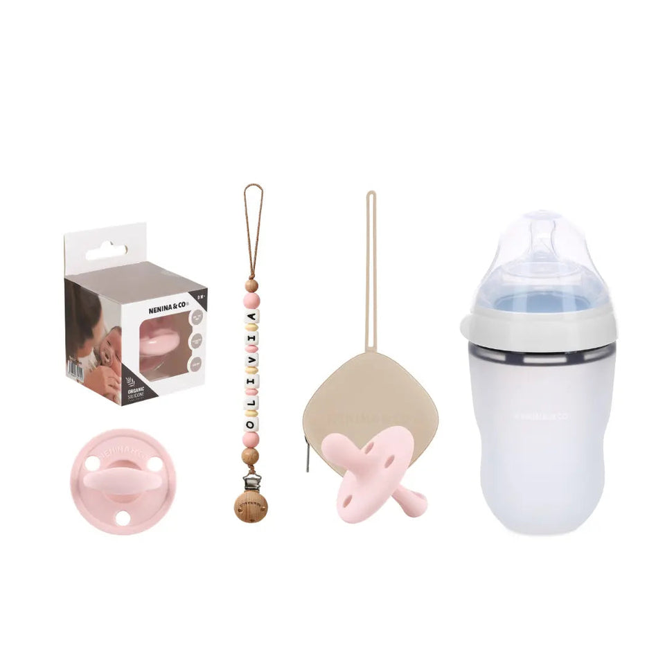 Kit Deluxe Chupete Clásico de Silicona + Chupetero Personalizado, Guardachupetes y Biberón Maternal | Nenina & Co