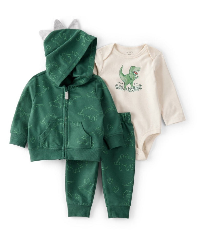 Conjunto 3 piezas cárdigan verde de dinosaurio, body y pantalón