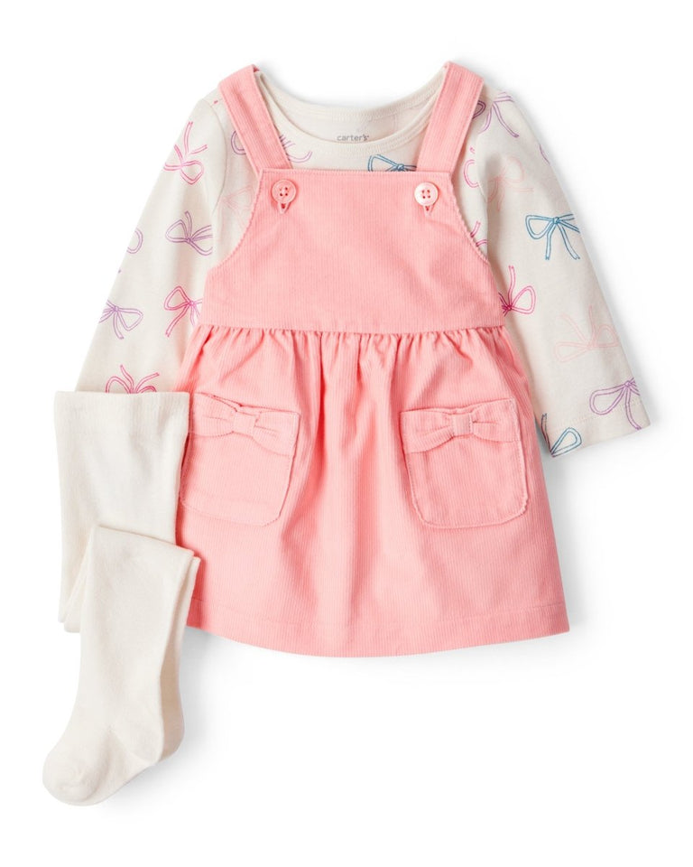 Conjunto 3 piezas con vestido jumper coral y lazos