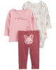 Conjunto tres piezas de algodón, pantalón, camiseta y body, diseño conejos