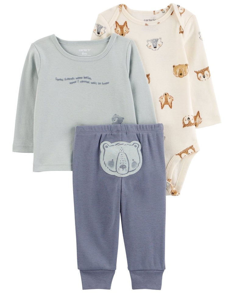 Conjunto tres piezas de algodón pantalón, camiseta y body diseño osos