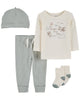 Conjunto 4 piezas de algodón, pantalón, camiseta, medias y gorro, diseño aviones