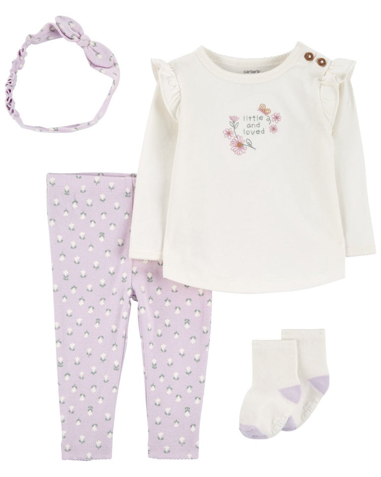 Conjunto 4 piezas de algodón, pantalón, camiseta, medias y vincha, diseño floral