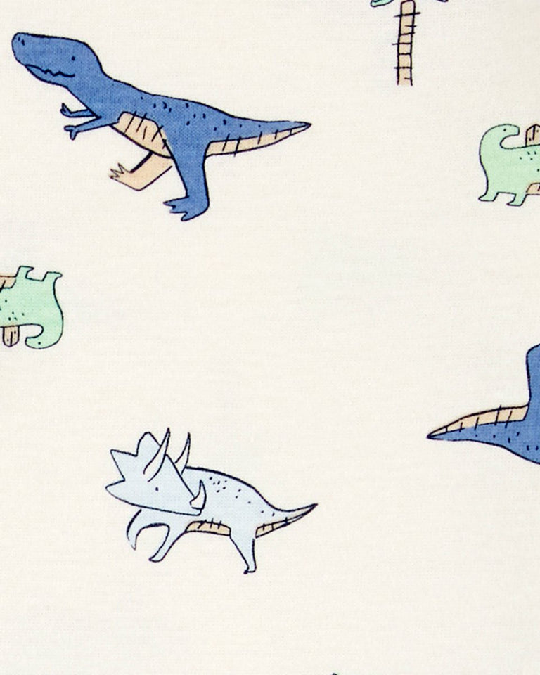 Conjunto de tres piezas en azul con rayas y estampado de dinosaurio