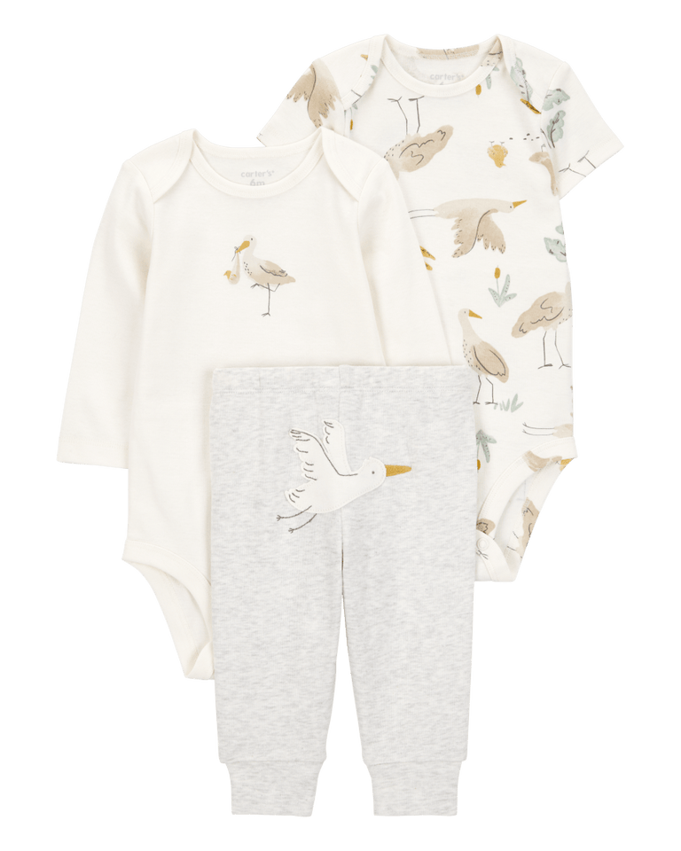 Conjunto tres piezas algodón pantalón y dos bodies diseño aves