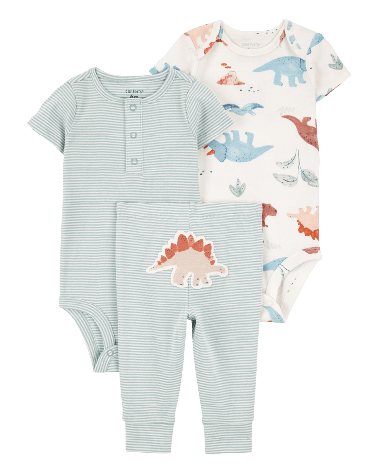 Conjunto tres piezas algodón pantalón y dos bodies diseño dinos