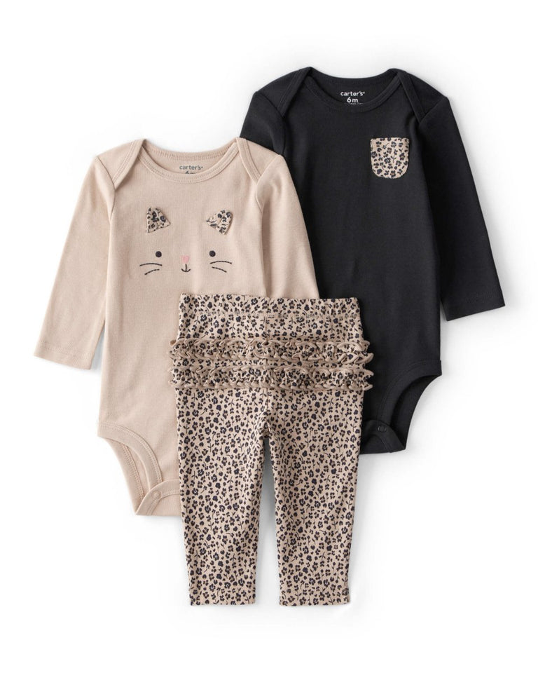 Conjunto tres piezas bodies manga larga y pantalón estampado leopardo