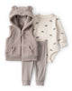 Conjunto tres piezas chaleco con oso, body y pantalón marfil