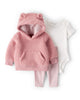 Conjunto tres piezas sudadera de borreguito con oso, body y leggings rosa