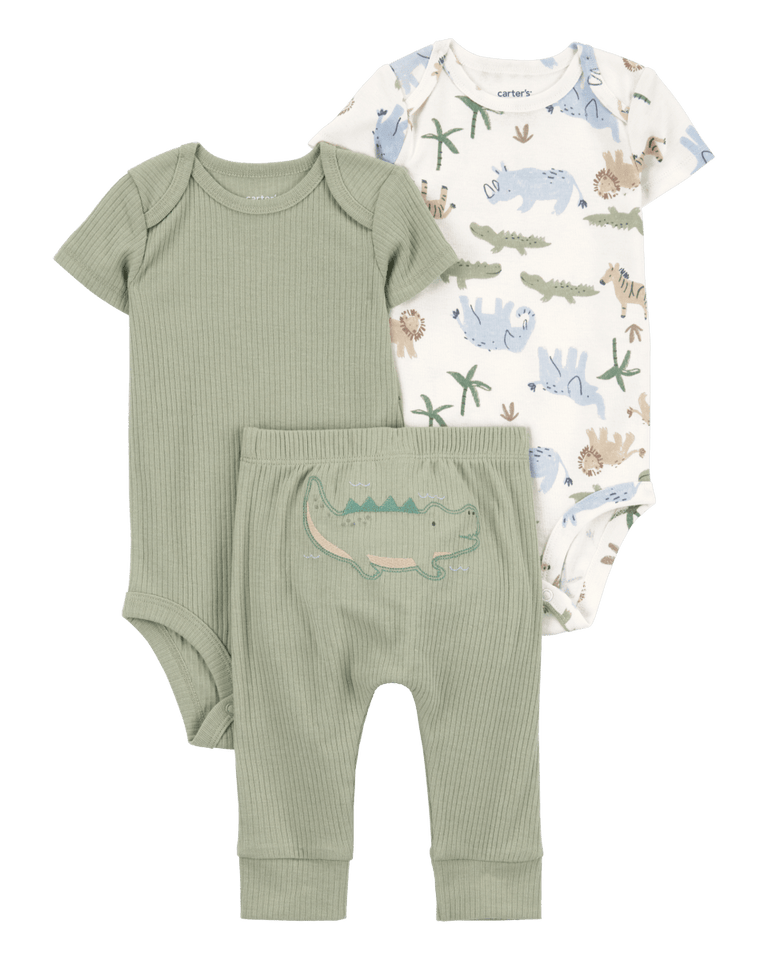 Conjunto tres piezas de algodón pantalón y dos bodies diseño caimán
